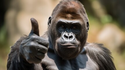 Wall Mural - Portrait of friendly gorilla making thumbs up.