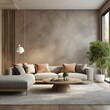 Luxury living room in warm colors. Brown beige walls, light gray lounge furniture -sofa, table. Empty background microcement for art. Rich interior design. Mockup room office reception. 3d, Ai Generat