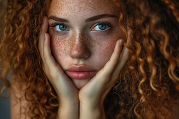 Poster - Woman with red hair and blue eyes is looking at camera