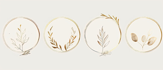 Wall Mural - a image of a set of four oval frames with leaves and branches