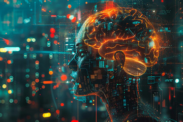 Leinwandbilder - An illustration of a person's brain with AI related concepts integrated into the neural network.
