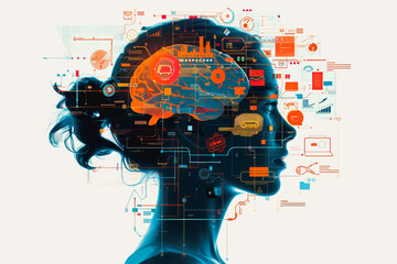 Wall Mural - An illustration of a person's brain with AI related concepts integrated into the neural network.