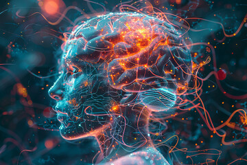 Leinwandbilder - An illustration of a person's brain with AI related concepts integrated into the neural network.