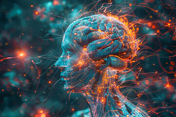 Leinwandbilder - An illustration of a person's brain with AI related concepts integrated into the neural network.