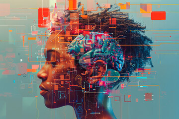 Leinwandbilder - An illustration of a person's brain with AI related concepts integrated into the neural network.