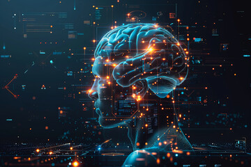 Leinwandbilder - An illustration of a person's brain with AI related concepts integrated into the neural network.
