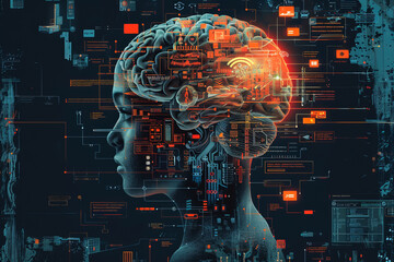 Leinwandbilder - An illustration of a person's brain with AI related concepts integrated into the neural network.