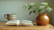   A book sits on a table, next to a vase holding a plant and a cup of coffee