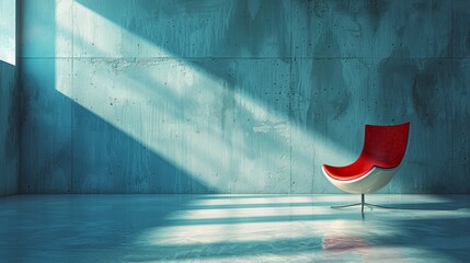   A red and white chair sits in a room with a blue wall Sunlight filters in through the window