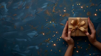Wall Mural -   A woman's hands holding a gift-wrapped box with a golden bow against a blue backdrop, adorned with gold confetti