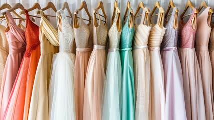 Wall Mural -   A line of bridesmaid dresses dangles from a rack before a window The curtained backdrop frames the scene