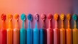   A row of toothbrushes in various colors against a background comprised of pink, blue, green, orange, and pink hues