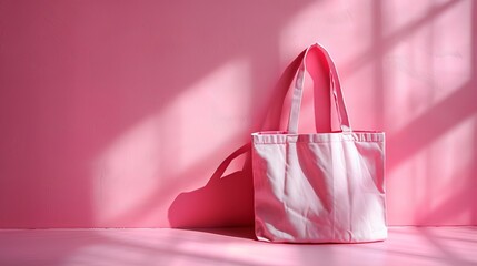 Wall Mural -   A pink tote bag rests against a pink wall, casting a shadow on the floor from an unseen hand
