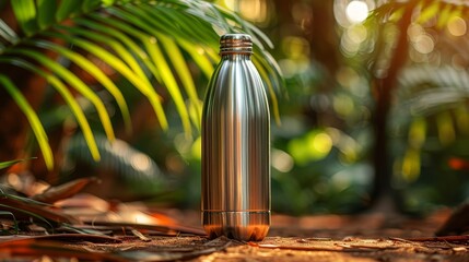 Poster -   A stainless steel water bottle rests on the ground, surrounded by a lush, leafy scene featuring a palm tree in the backdrop