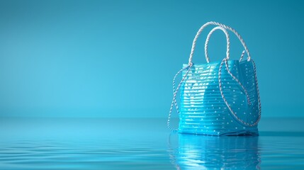 Wall Mural -   A blue bag atop the water, its white string dangling from the handle