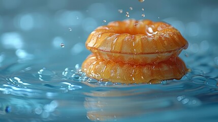 Poster -   A fruit bobbing on a water surface, with a bead of water dripping off