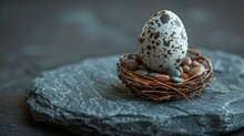   A Tight Shot Of A Bird's Nest Atop A Slate Rock, Cradling Eggs