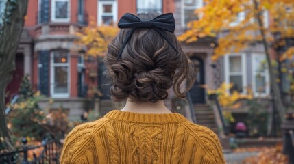 Poster -   A woman's head, adorned with a bow in her hair, faces a line of houses