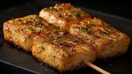 Poster -   A tight shot of four meat slices on a dish, a wooden skewer nearby