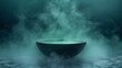   A dark room houses a steaming bowl, billows of vapor escaping its rim Smoke wafts from it as well