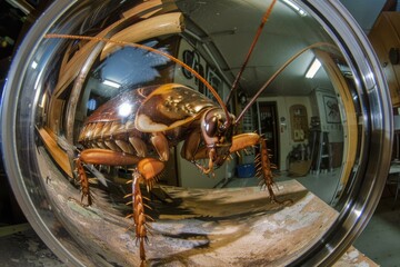 Poster - A cockroach in a glass bowl with a reflection of it. Generative AI.