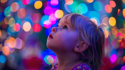 Canvas Print - A little girl looking up at a colorful light display. Generative AI.