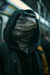 Canvas Print - A lizard wearing a hoodie and sunglasses on a train. Generative AI.