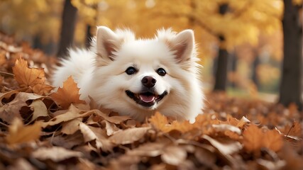 Wall Mural - A mischievous American Eskimo dog, peeking out from behind a pile of freshly fallen leaves, its bright eyes and cheeky grin hinting at the playful antics to come.