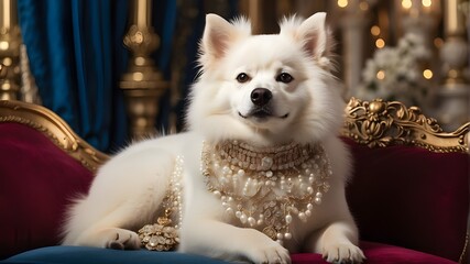 Wall Mural - An elegant American Eskimo dog, adorned with a sparkling diamond collar, sitting regally on a velvet throne, surrounded by opulent decorations fit for royalty.