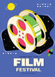 Movie festival poster template design with film reel modern vintage retro style.