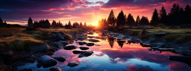 Poster - Tree reflected in a lake at sunset. Panoramic image.