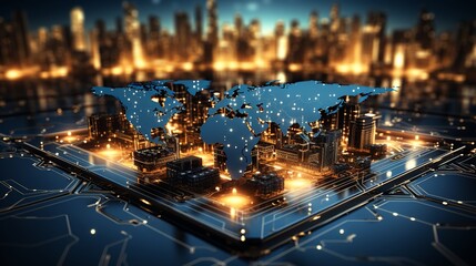 Poster - 3D rendering of a circuit board with a city in the background