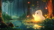 ovely cute glowing ghost in a magical swamp animation style character