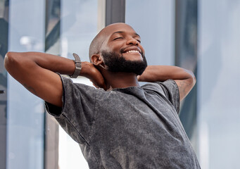 Sticker - Relax, relief and black man stretching in house with positive mindset, peace and calm morning at home. Resting, satisfaction and African male person in living room with nap, break or lazy weekend