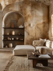 Wall Mural - Earth-Tone Living Room Interior with Rustic Decor Elements