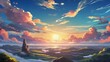Anime fantasy wallpaper background concept : Dramatic mountain landscape ablaze with orange sunlight at dusk, generative ai