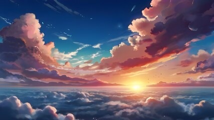 Wall Mural - Anime fantasy wallpaper background concept : Dramatic sunrise over the ocean with fiery orange and red colors streaking a blue cloudscape, generative ai