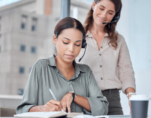 Wall Mural - Business women, collaboration and telemarketing mentor of call center and web help workers. Coworking, teaching and smile from crm sales at a website consultation company with customer service intern