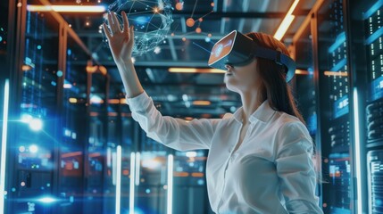 Young woman using virtual reality glasses. virtual reality, future technology concept. colorful VR glasses