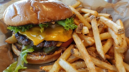 Homemade cheese smash burger with lettuce tomato and fries