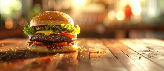 Wall Mural - Burger made at home placed on the wooden table.