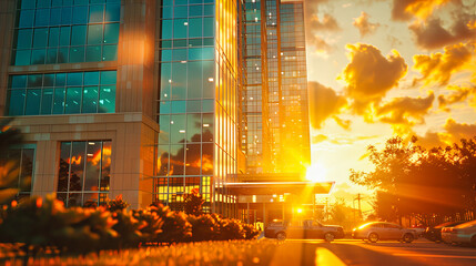 Wall Mural - City at Sunset, Dramatic Skyline with Skyscrapers, Urban Landscape in Soft Evening Light
