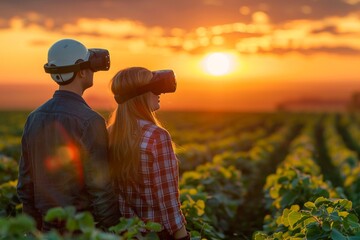 Farmers using AR glasses to analyze crop health, vibrant fields at sunrise, precision agriculture technology