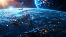 Photorealistic Of A Fictional Space Station Orbiting The Earth World Map