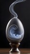 A chicken egg is placed on a wooden support with white smoke going to the angle
