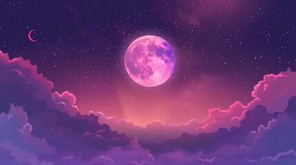 Poster - a modern illustration of a full moon and crescent on a starry night sky in outer space. fog and star