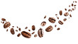 © Lahiru - Flying or falling roasted brown caffeine coffee beans in the air isolated on a transparent (PNG) or white background. Arabian or aroma beans for hot drinks for cafe advertising, package design.