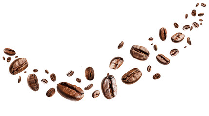 flying or falling roasted brown caffeine coffee beans in the air isolated on a transparent (png) or 