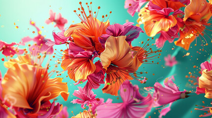 Poster - Hot pink and orange 3D flowers burst against a lively turquoise backdrop.