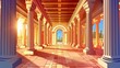 The interior of a ballroom or theater in an ancient building design with pillars, columns, and arches in a Greek temple, a Roman temple within a castle corridor, and a ballroom or theater filled with